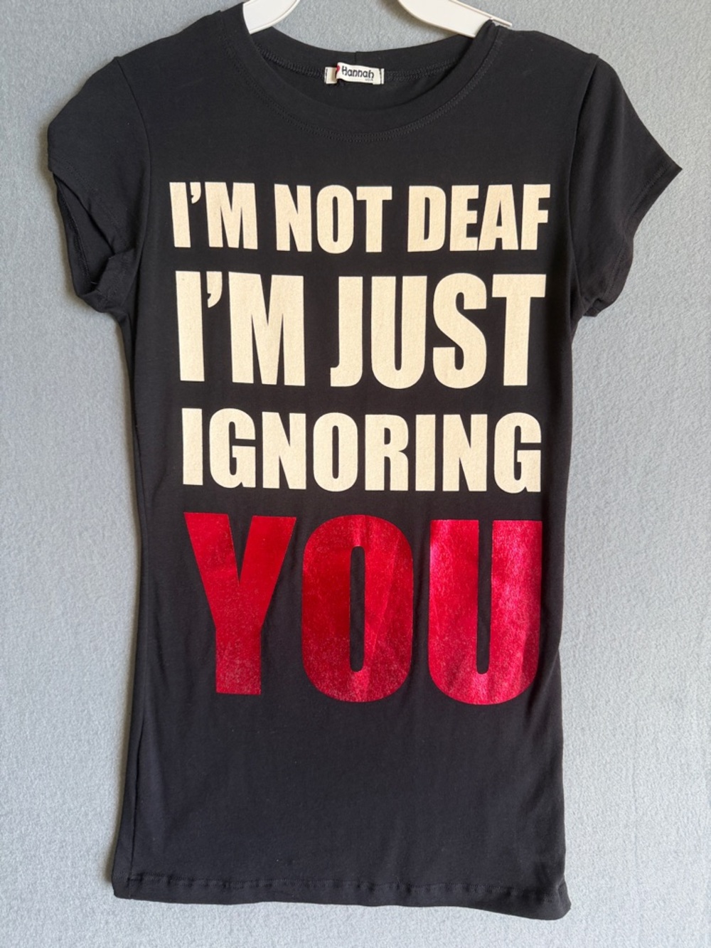 Hannah Black Tee with Cream and Metallic Red Graphic
